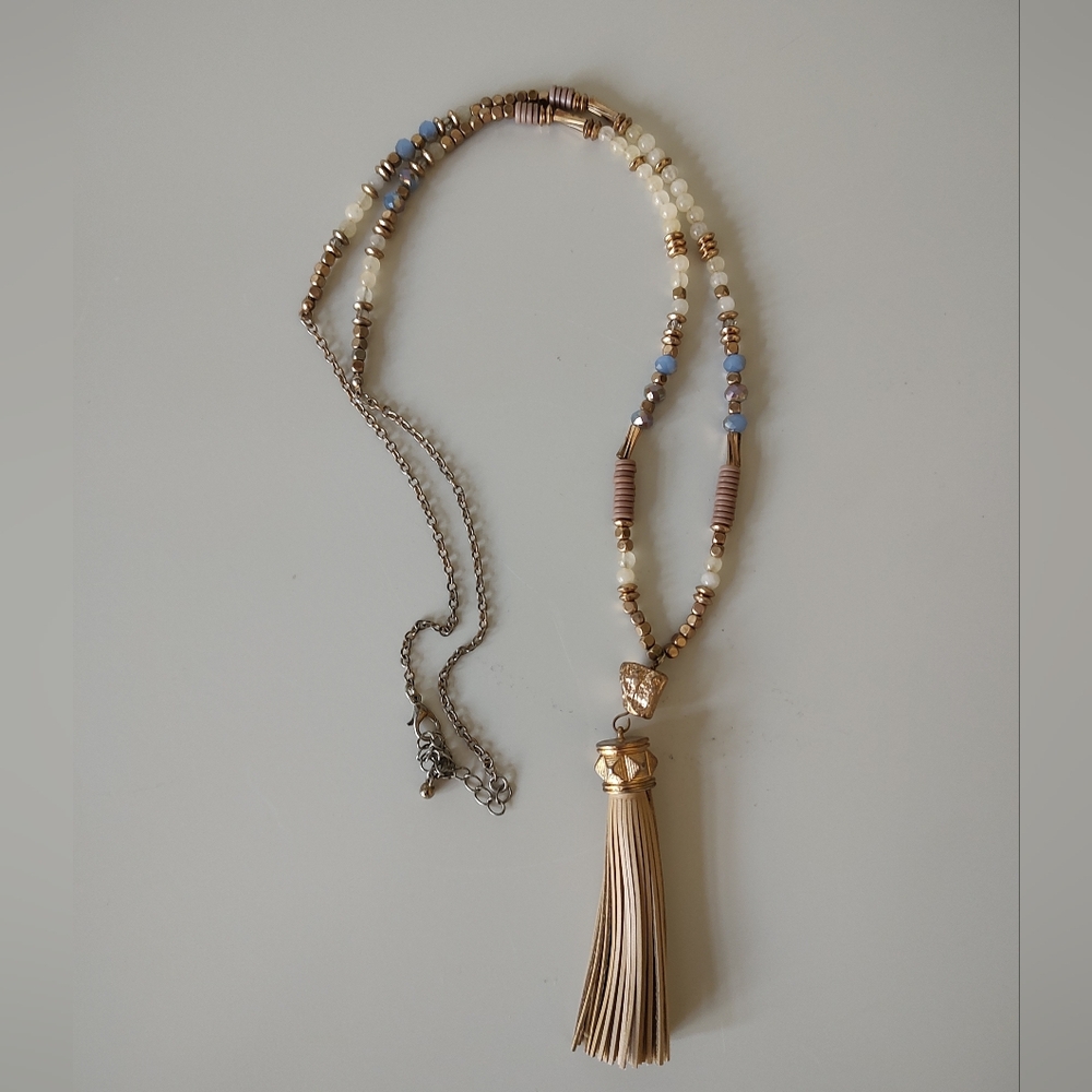 Beaded Tassel And Nugget Necklace Gold And Tan Tone Adjustable Length